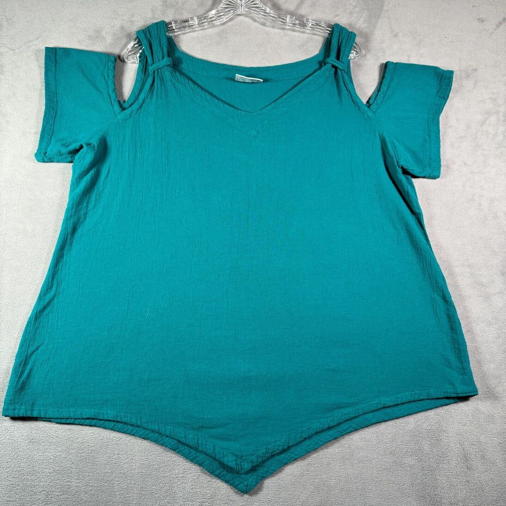 Cottonways Womens Top 3X Teal Gauze Cold Shoulder Asymmetric Hem Boho Beach‎ NEW
